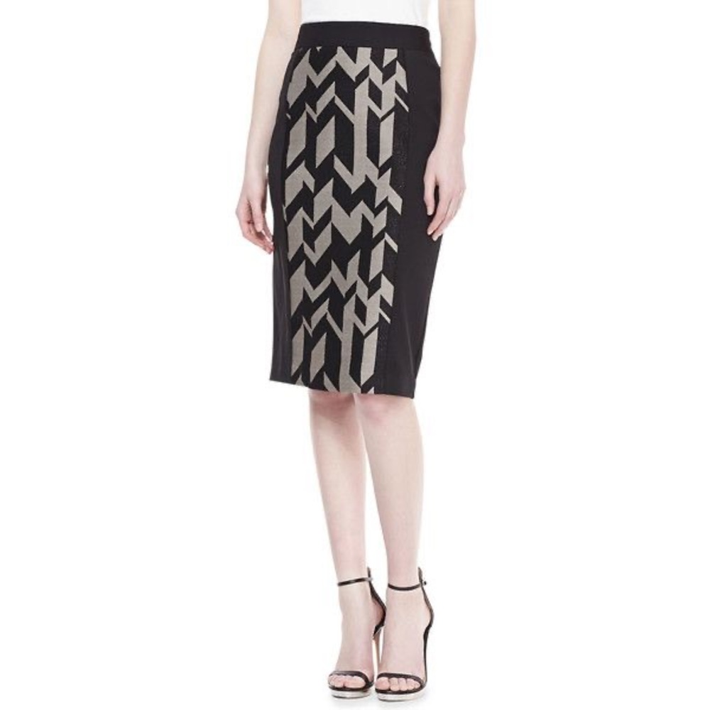 Badgley Mischka 4 Black and Gray Geometric‎ Sparkle Ponte Knee Length Skirt